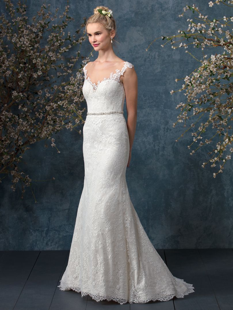 lace wedding dress with illusion neckline and cap sleeves and sash