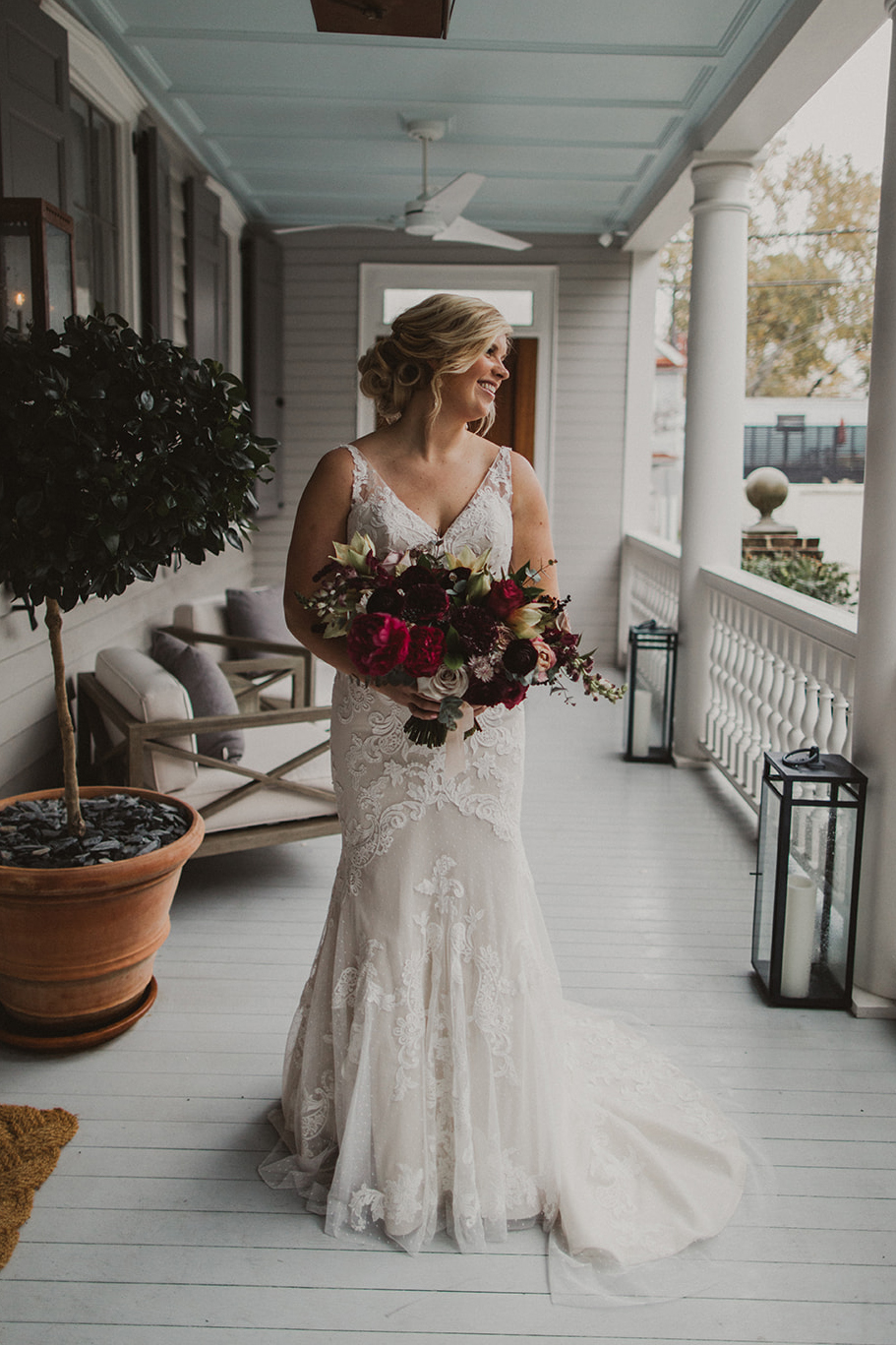Beloved Real Bride: Abby In Style BL245 Midnight | Affordable Fit and Flare Lace Wedding Dress With V Neckline